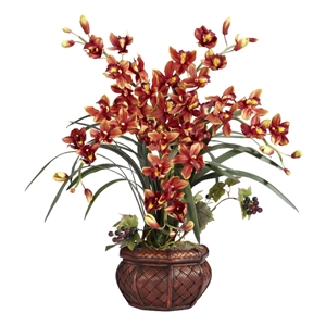 Pemberly Row Cymbidium with Decorative Vase Silk Arrangement in Red/Burgundy