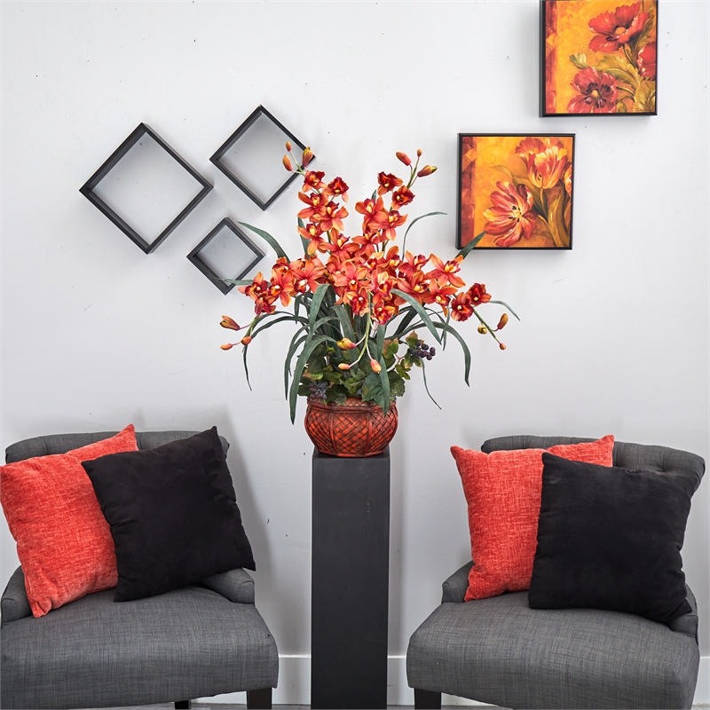 Pemberly Row Cymbidium with Decorative Vase Silk Arrangement in Red/Burgundy