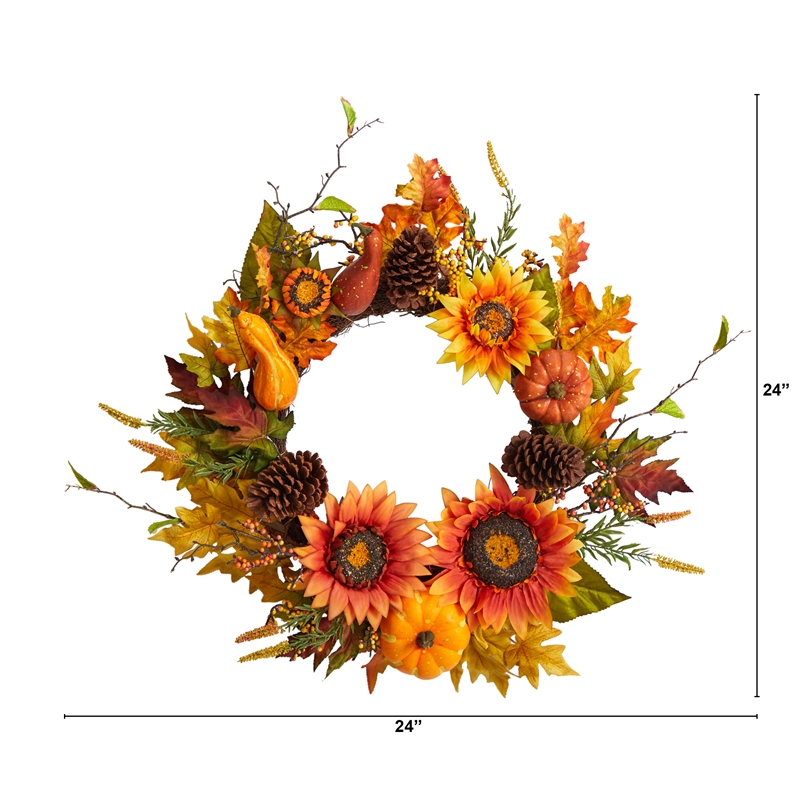 Pemberly Row Fall Sunflower/Pumpkin/Gourds/Pinecone/Berries Artificial Wreath