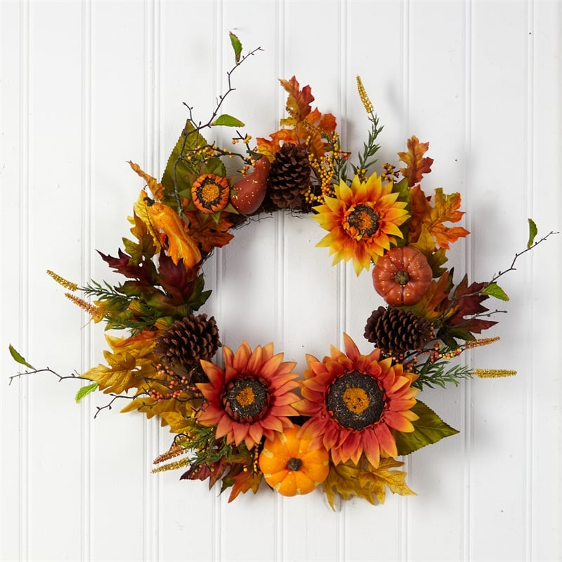 Pemberly Row Fall Sunflower/Pumpkin/Gourds/Pinecone/Berries Artificial Wreath