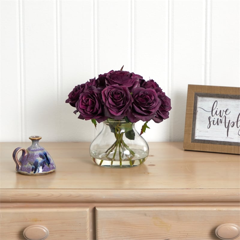 Pemberly Row Full Rose Blooms Arrangement with Glass Vase in Purple/Clear