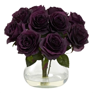 Pemberly Row Full Rose Blooms Arrangement with Glass Vase in Purple/Clear