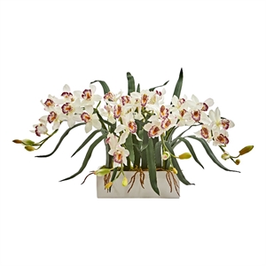 Pemberly Row Cymbidium Artificial Arrangement in White Vase in White/White