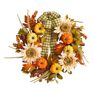 Pemberly Row 24&quot Fall Pumpkin/Sunflower Artificial Wreath & Decorative Ribbon