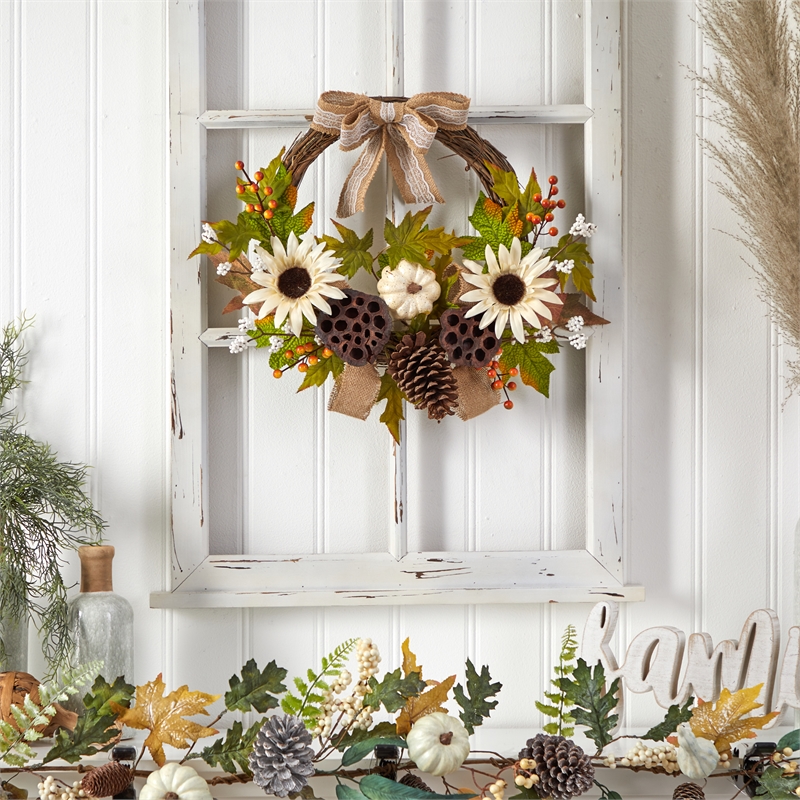 Pemberly Row Autumn Sunflower/White Pumpkin/Dried Lotus Pod Artificial Wreath