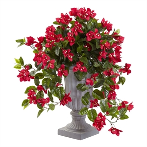 Pemberly Row Bougainvillea Flowering Silk Plant with Decorative Urn - Red/Gray