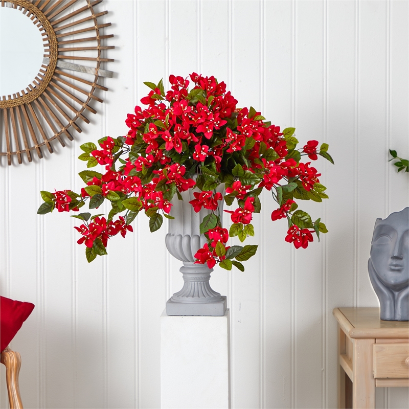 Pemberly Row Bougainvillea Flowering Silk Plant with Decorative Urn - Red/Gray