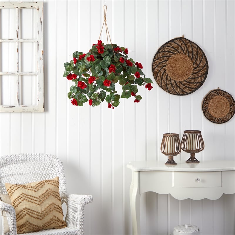 Pemberly Row Vibrant Begonia Blooms Hanging Basket in Red/Brown