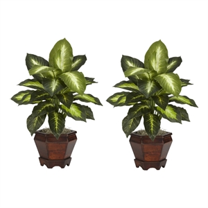 Pemberly Row Dieffenbachia with Wood Vase Silk Plant (Set of 2) in Green/Brown