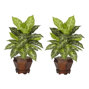 Pemberly Row Dieffenbachia with Wood Vase Silk Plant (Set of 2) in Green/Brown