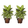 Pemberly Row Dieffenbachia with Wood Vase Silk Plant (Set of 2) in Green/Brown
