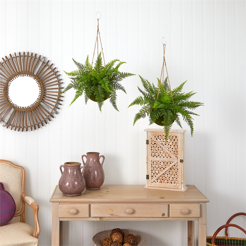 Pemberly Row Leather Fern with Mossy Hanging Basket (Set of 2) in Green/Brown