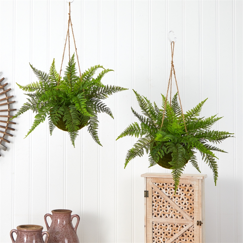 Pemberly Row Leather Fern with Mossy Hanging Basket (Set of 2) in Green/Brown