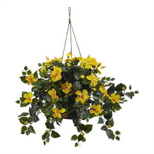 Pemberly Row 22&quot Full Hibiscus Blooms with Hanging Basket in Yellow/Brown