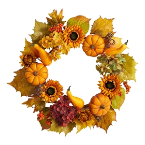 Pemberly Row 22&quot Autumn Hydrangea/Pumpkin & Sunflower Artificial Fall Wreath