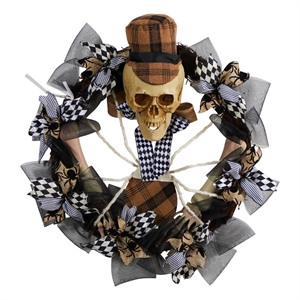 Pemberly Row 24&quot Halloween Skull in Plaid Mesh Wreath in Black