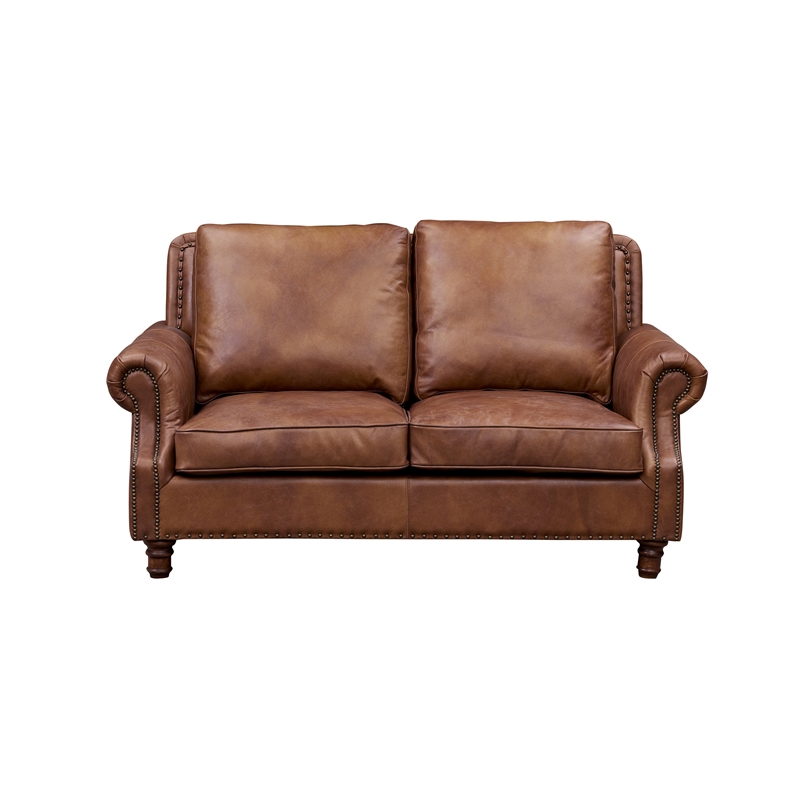 Pemberly Row English Rolled Arm Love Seat in Bark Brown Leather