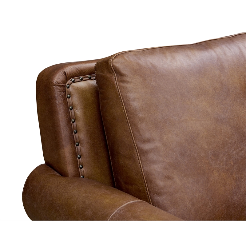 Pemberly Row English Rolled Arm Love Seat in Bark Brown Leather