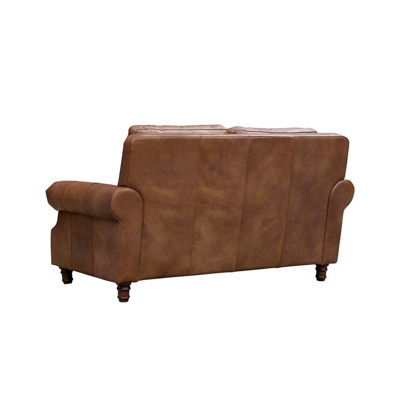 Pemberly Row English Rolled Arm Love Seat in Bark Brown Leather