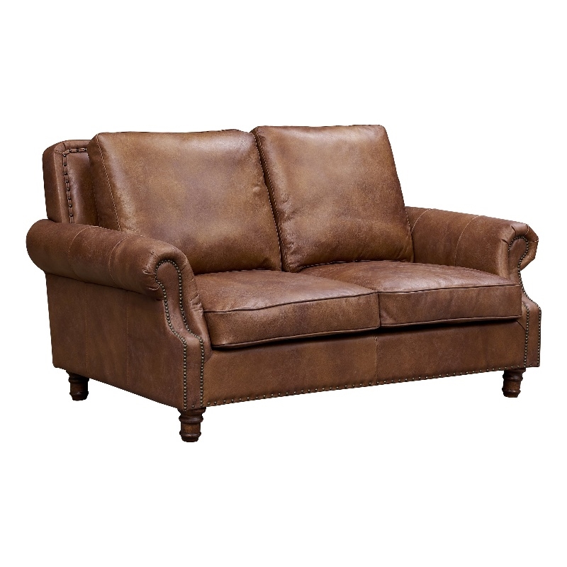 Pemberly Row English Rolled Arm Love Seat in Bark Brown Leather