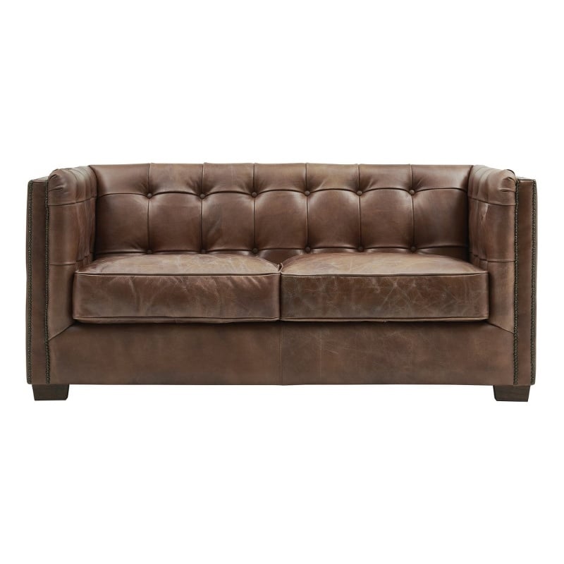 Pemberly Row Contemporary Top Grain Italian Leather Love Seat in Bark Brown