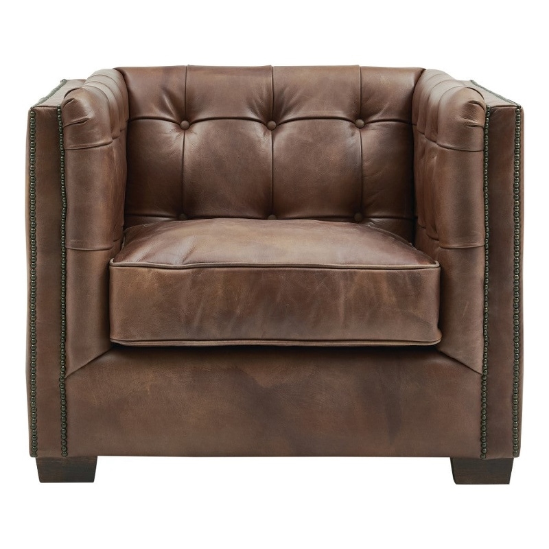 Pemberly Row Contemporary Top Grain Italian Leather Arm Chair in Bark Brown