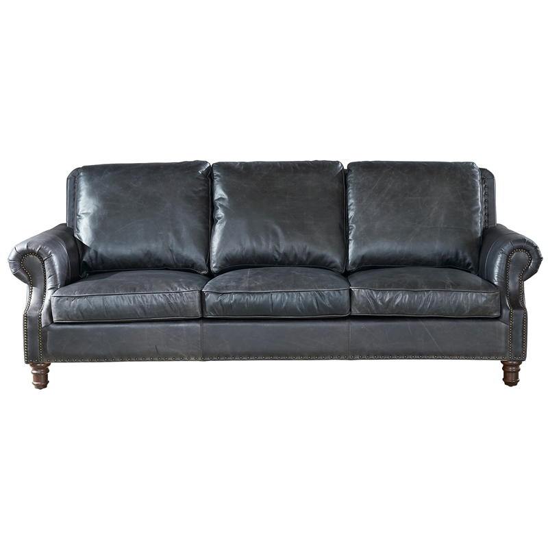 Pemberly Row Contemporary English Rolled Arm Sofa in Slate Leather