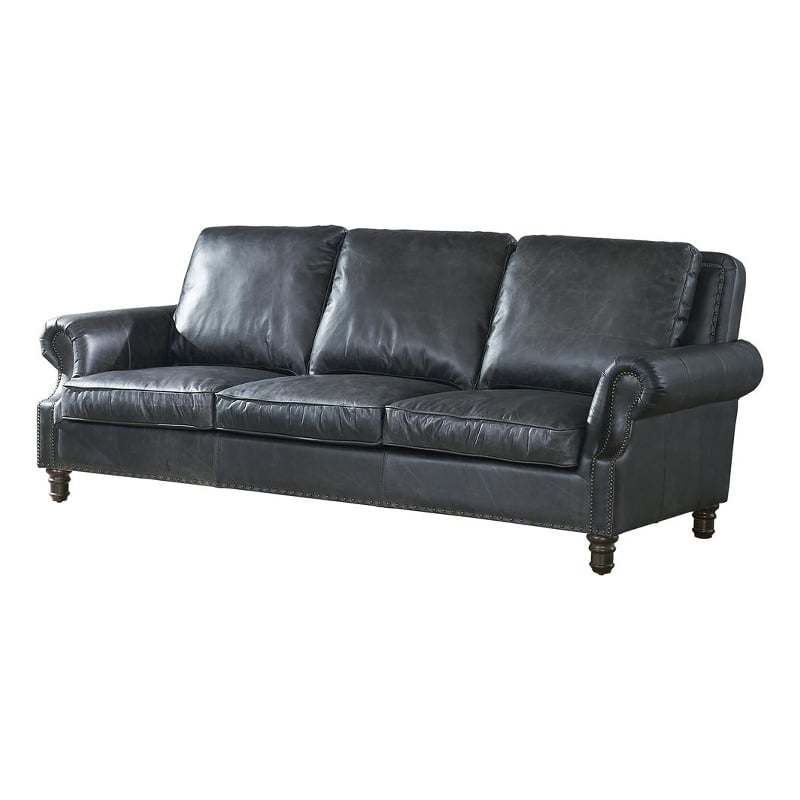 Pemberly Row Contemporary English Rolled Arm Sofa in Slate Leather