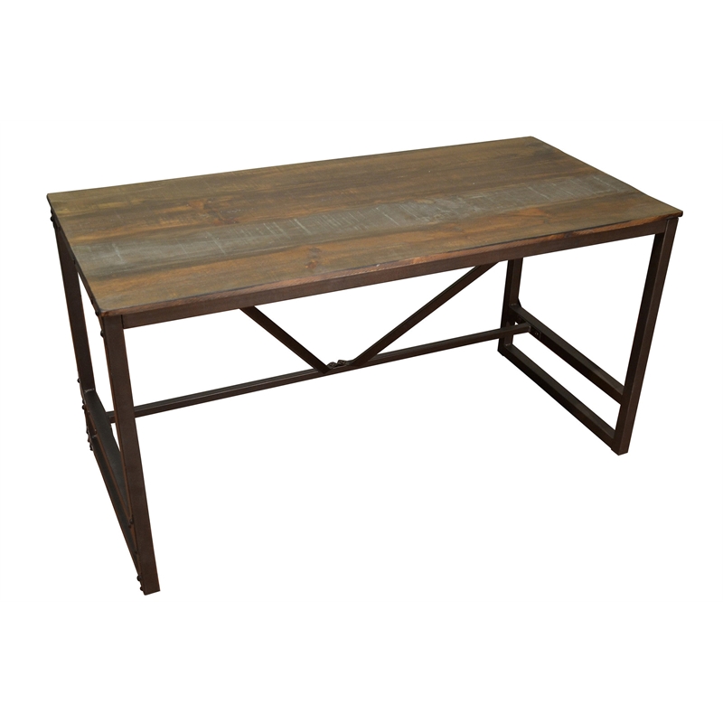 Pemberly Row Contemporary Loft Style Solid Pine Wood Top Desk in Brown