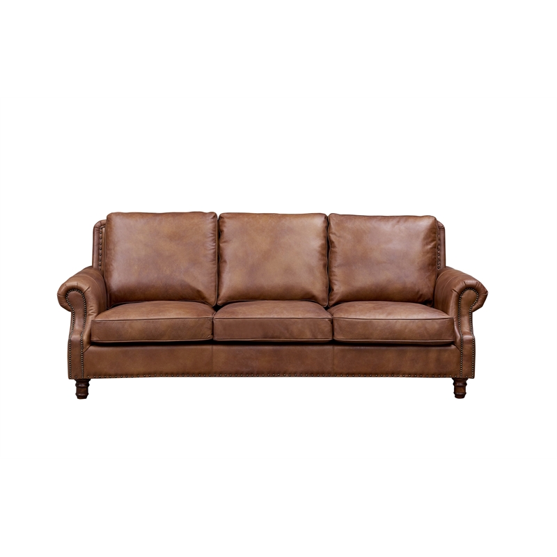 Pemberly Row Contemporary English Rolled Arm Sofa in Bark Brown Leather