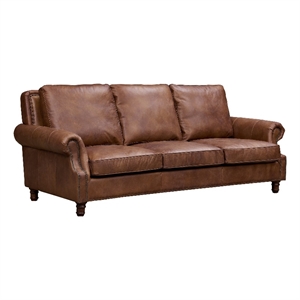 Pemberly Row Contemporary English Rolled Arm Sofa in Bark Brown Leather
