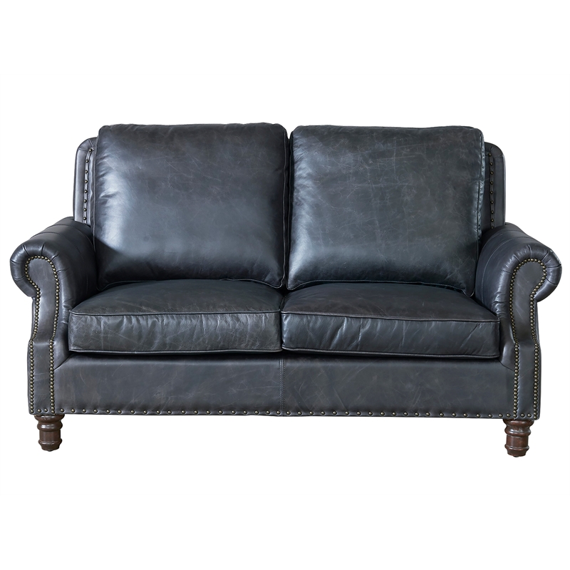 Pemberly Row Contemporary English Rolled Arm Love Seat in Slate Leather