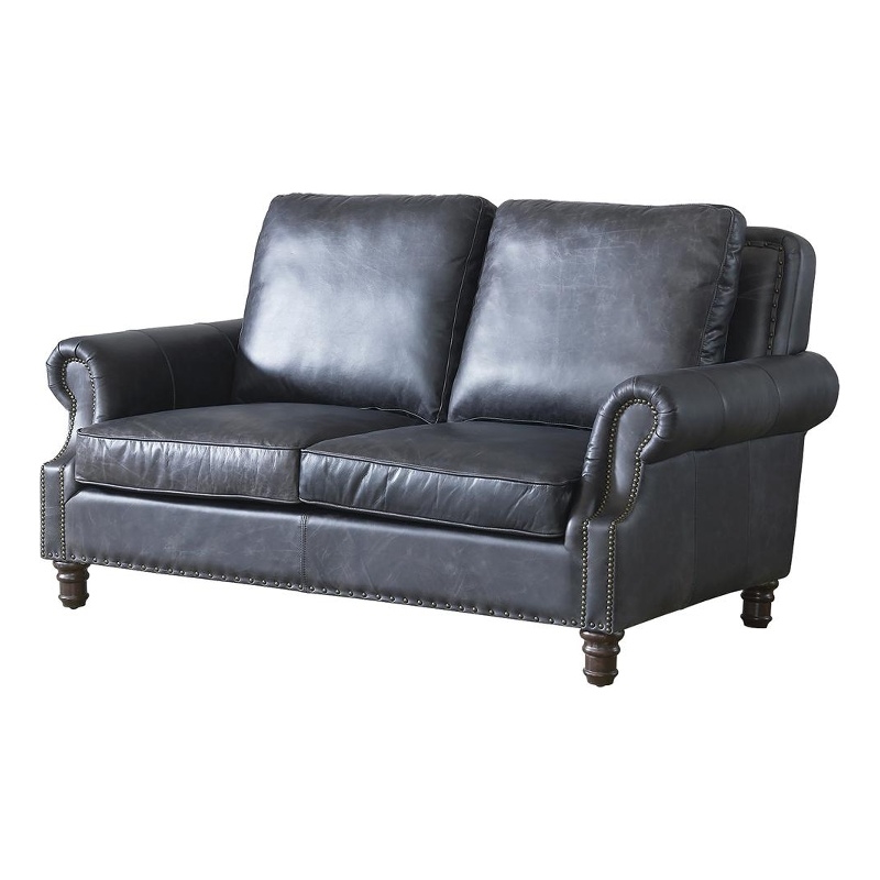 Pemberly Row Contemporary English Rolled Arm Love Seat in Slate Leather