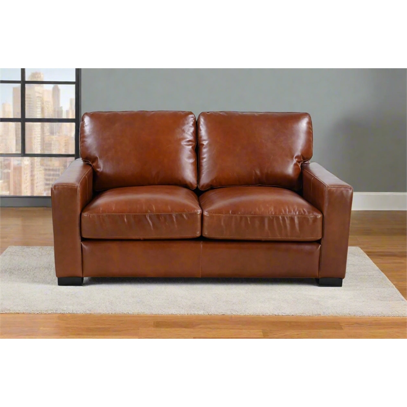 Pemberly Row Contemporary Top Grain Leather Love Seat in Chestnut