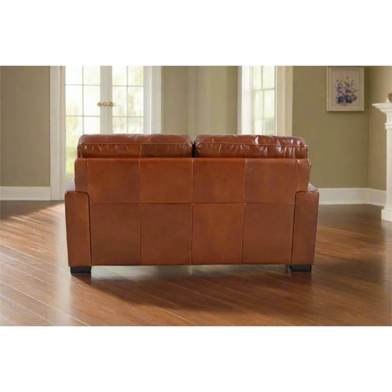 Pemberly Row Contemporary Top Grain Leather Love Seat in Chestnut