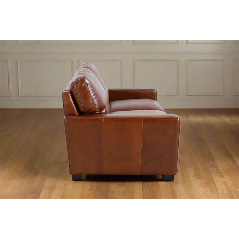 Pemberly Row Contemporary Top Grain Leather Love Seat in Chestnut