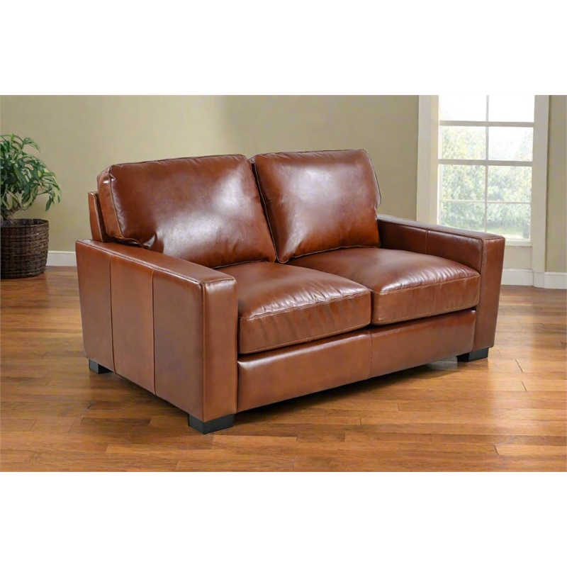 Pemberly Row Contemporary Top Grain Leather Love Seat in Chestnut