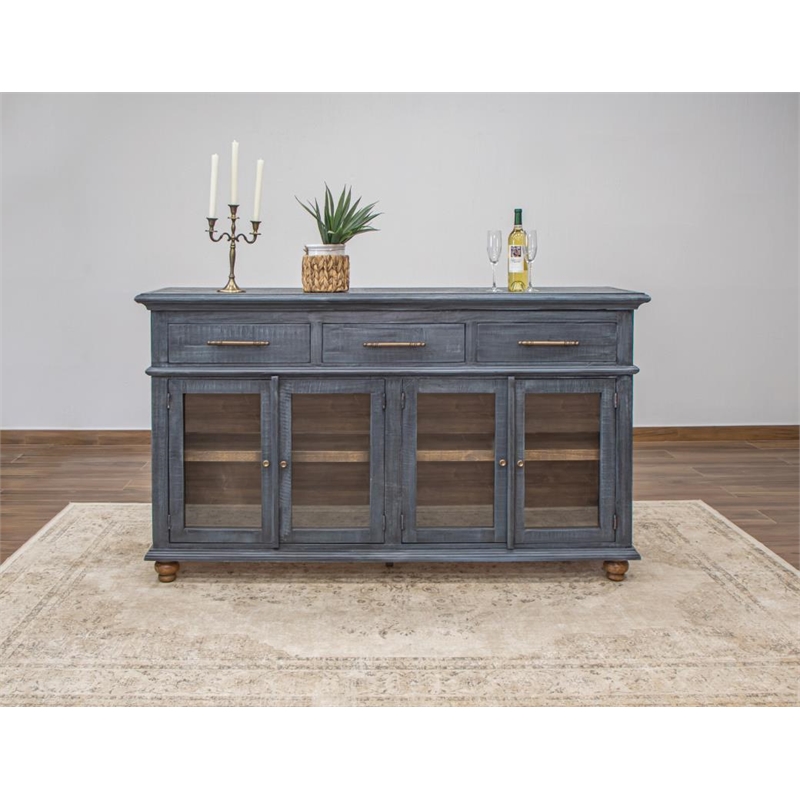 Pemberly Row Contemporary Solid Pine Wood 3 Drawer 4 Door Console in Blue