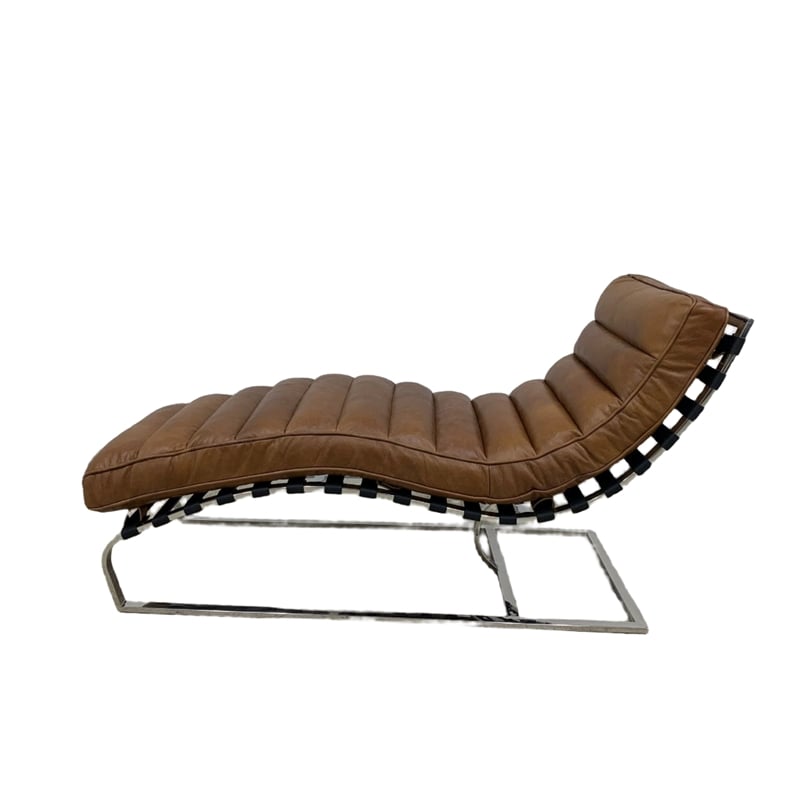 Pemberly Row Plano Channeled Leather Chaise Lounge in Light Brown Leathe