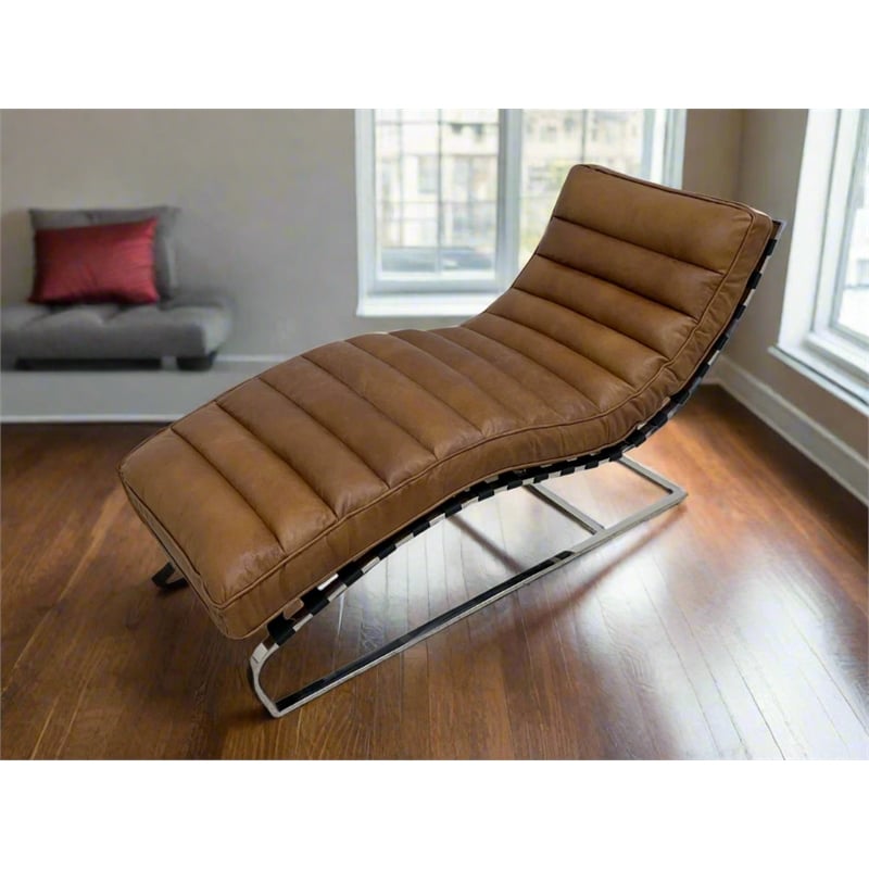 Pemberly Row Plano Channeled Leather Chaise Lounge in Light Brown Leathe