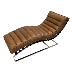 Pemberly Row Plano Channeled Leather Chaise Lounge in Light Brown Leathe