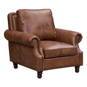 Pemberly Row Contemporary English Rolled Arm Chair in Bark Brown Leather