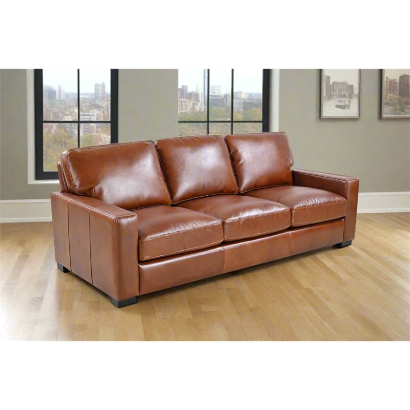 Pemberly Row Contemporary Top Grain Leather Sofa in Chestnut