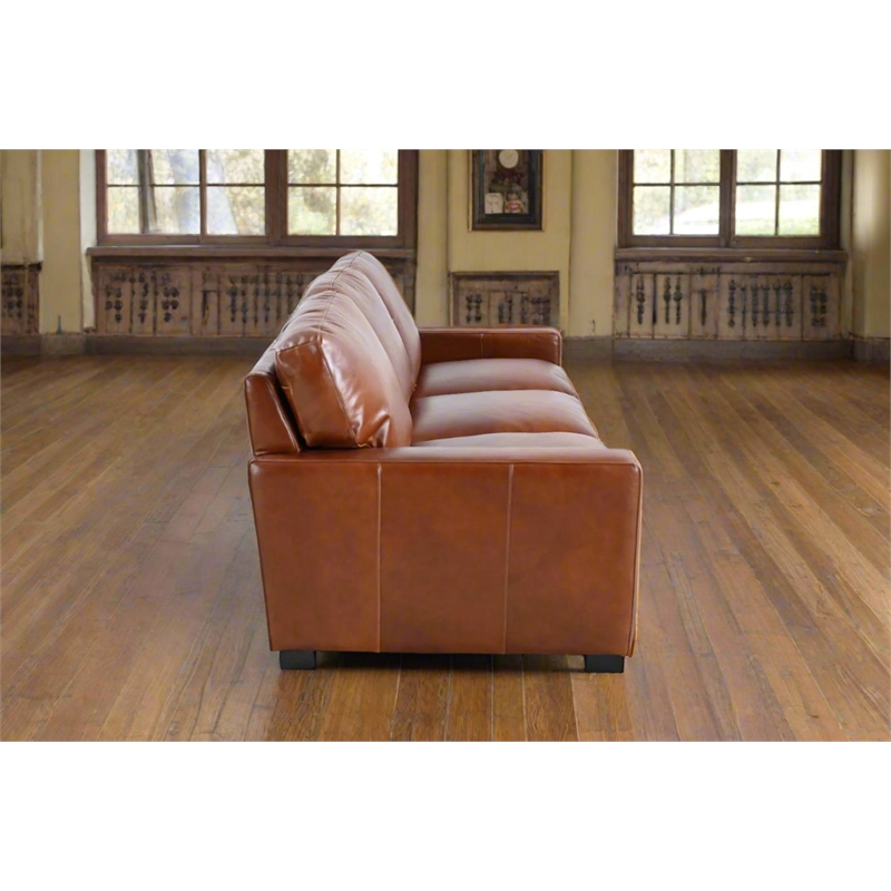 Pemberly Row Contemporary Top Grain Leather Sofa in Chestnut