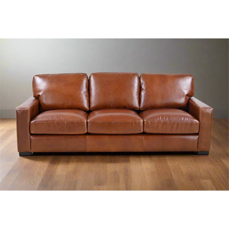 Pemberly Row Contemporary Top Grain Leather Sofa in Chestnut