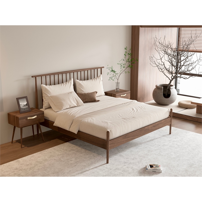 Pemberly Row Midcentury King Bed with Two nightstands - Black Walnut