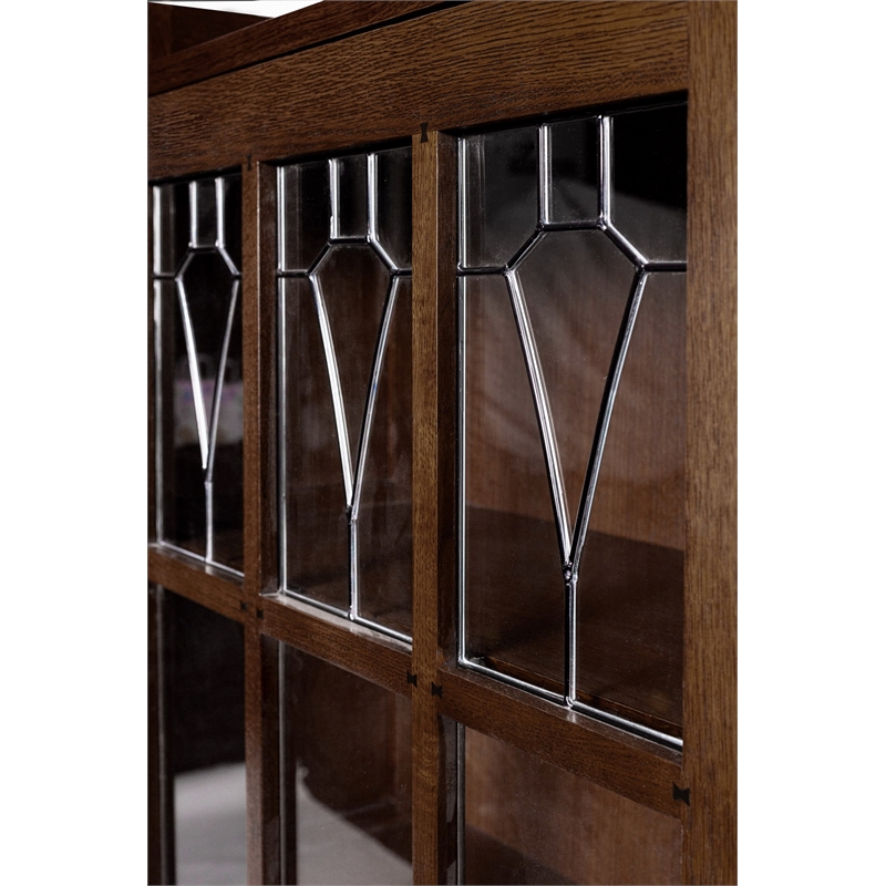 Pemberly Row Mission Leaded Glass Bookcase with Lock & Key in Walnut