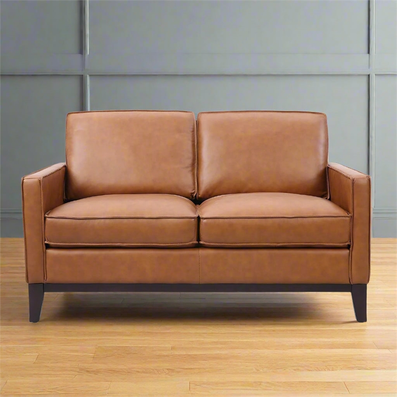 Pemberly Row Contemporary Top Grain Leather Love Seat in Chestnut