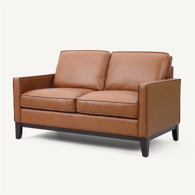 Pemberly Row Contemporary Top Grain Leather Love Seat in Chestnut