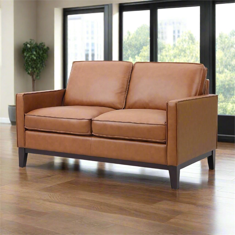 Pemberly Row Contemporary Top Grain Leather Love Seat in Chestnut